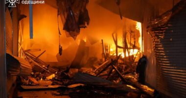 Burned-out building after a Russian attack.