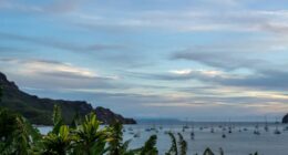 Tropical bay with sailboats at sunset.