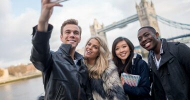 Group of students taking a selfie in London