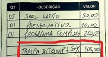 Receipt from a Fortaleza cabaret showing charges for drinks, condoms, a show, and a 50% Trump tariff for an American customer.