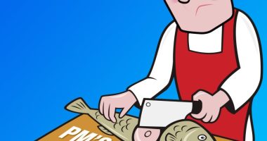 Illustration of a man cutting fish on a cutting board labeled "PM's Flagship Welfare Reforms".
