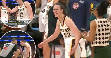 Caitlin Clark has to be held back in heated moment with ref