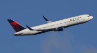 Delta 767 airplane in flight.