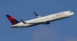 Delta 767 airplane in flight.