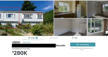 Collage of photos showing a house for sale in Dunedin, New Zealand.