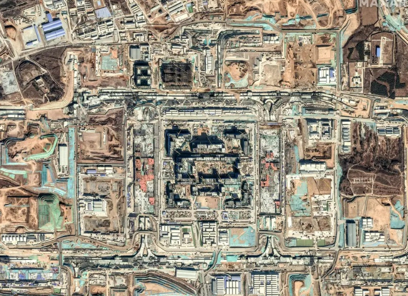 Aerial view of a large military base under construction in China.