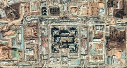 Aerial view of a large military base under construction in China.