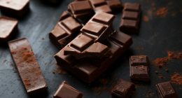 Broken pieces of dark chocolate on a dark surface.