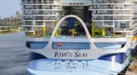 Rear view of the Icon of the Seas cruise ship in Miami.