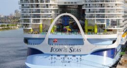 Rear view of the Icon of the Seas cruise ship in Miami.