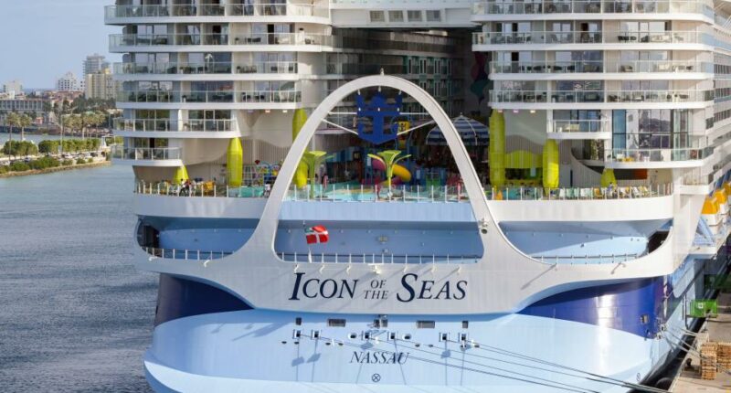 Rear view of the Icon of the Seas cruise ship in Miami.