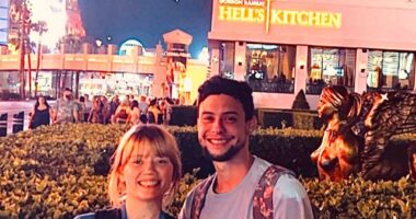 Family in front of Hell's Kitchen restaurant in Las Vegas.