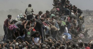 Desperate Palestinians descend on aid trucks in Gaza