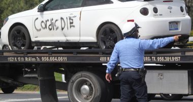 Disturbing message shooter, 27, wrote on side of car before opening fire on border agents near airport in ambush