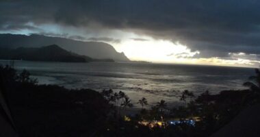 Ocean view at sunset with dark clouds and mountains in the background.