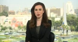 News anchor sitting in front of a window overlooking a city.