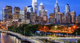 Philadelphia skyline at blue hour.