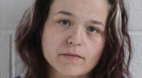 Mugshot of a woman with long brown and blonde hair.