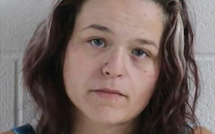Mugshot of a woman with long brown and blonde hair.