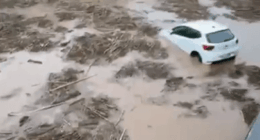 Cars submerged in floodwaters.