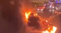 Burning vehicles after a strike in the Donetsk region.
