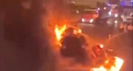 Burning vehicles after a strike in the Donetsk region.