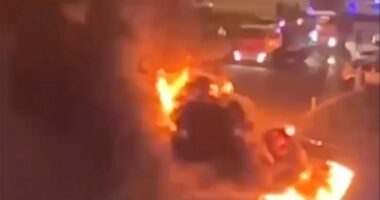 Burning vehicles after a strike in the Donetsk region.