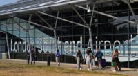 Passengers walking outside London Southend Airport.