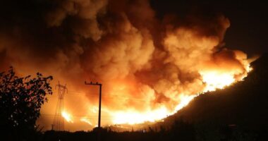 Large wildfire at night engulfing a hillside.