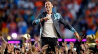 Chris Martin of Coldplay performing at the Super Bowl 50 Halftime Show.