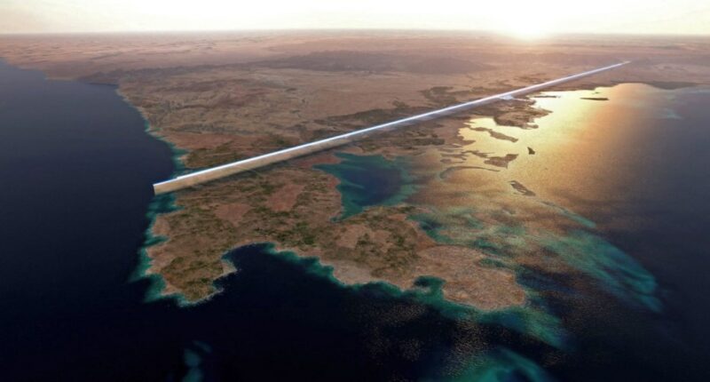 (FILES) This file handout photo provided by Saudi Arabia's NEOM on July 26, 2022 shows the design plan for the 500-metre tall parallel structures, known collectively as The Line, in the heart of the Red Sea megacity NEOM. - Saudi Arabia was chosen to host the 2029 Asian Winter Games at a $500 billion futuristic megacity in the desert that planners say will feature a year-round winter sports complex. The Saudi bid was "unanimously approved", the statement said, noting that the megacity known as NEOM will be the first West Asian city to host the event. (Photo by NEOM / AFP) / RESTRICTED TO EDITORIAL USE - MANDATORY CREDIT "AFP PHOTO / NEOM" - NO MARKETING - NO ADVERTISING CAMPAIGNS - DISTRIBUTED AS A SERVICE TO CLIENTS (Photo by -/NEOM/AFP via Getty Images)