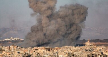 Smoke plumes rising from a bombed-out city.