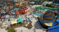 Aerial view of Hersheypark's water park with many people enjoying the slides and attractions.