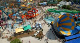 Aerial view of Hersheypark's water park with many people enjoying the slides and attractions.
