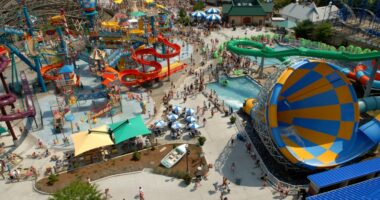 Aerial view of Hersheypark's water park with many people enjoying the slides and attractions.