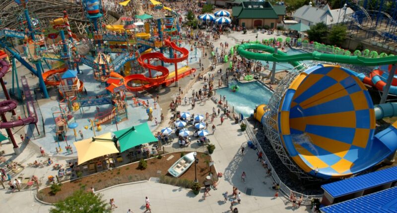 Aerial view of Hersheypark's water park with many people enjoying the slides and attractions.