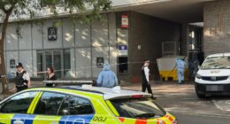 Crime scene with police and forensic officers.