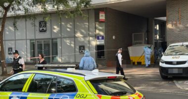 Crime scene with police and forensic officers.