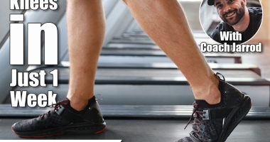 close up image of healthy and handsome caucasian man legs wearing sport shoes and running or walking on exercise machine in gym (sport and healthy fitness concept). I Walked Backwards on the Treadmill Every Day for a Week and Here’s What Happened to My Knees. Cover