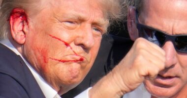 Close-up of Donald Trump with a bloody face.