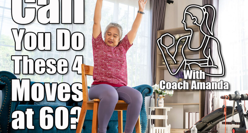 Senior woman sitting on chair and raising two arms above her head. doing workout for good healthy with training exercise online on tablet, elderly workout online from home concept. If You Can Complete These 4 Moves at 60, Your Body