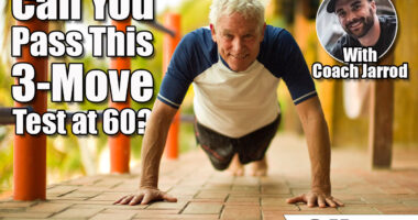 Mature man smiles as he does a press up on a balcony and poses for a portrait. If You Can Complete This 3-Move Test at 60, Your Fitness Age Is 40, cover