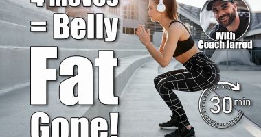 Fit young attractive woman exercising in outdoor arena. Interval training by doing jumps and squats on stairs. Wearing sports active wear and headphones. If You Can Do These 4 Bodyweight Moves, Your Belly Fat Will Melt Away. cover