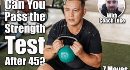 A focused Southeast Asian man in his 50s performs a goblet squat using a green kettlebell at an open-air gym. 7 Strength Moves That Prove Your Body Is Still Young After 45. Cover
