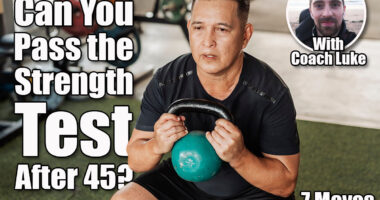 A focused Southeast Asian man in his 50s performs a goblet squat using a green kettlebell at an open-air gym. 7 Strength Moves That Prove Your Body Is Still Young After 45. Cover