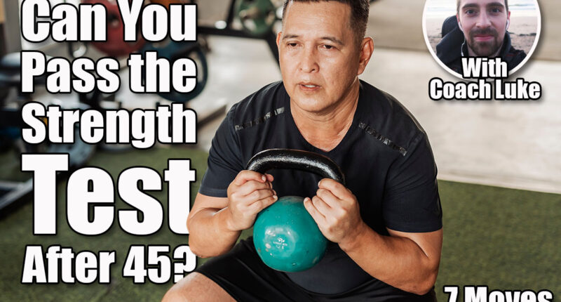 A focused Southeast Asian man in his 50s performs a goblet squat using a green kettlebell at an open-air gym. 7 Strength Moves That Prove Your Body Is Still Young After 45. Cover
