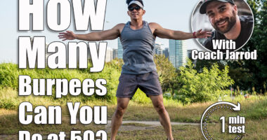 An athletic asian guy does jumping jacks at a open field near the city. Cardiovascular fitness. Working out outdoors. If You Can Do This Many Burpees at 50, You