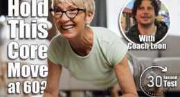 Happy mature woman exercising in plank position on a floor in the living room. If You Can Hold This Move for 30 Seconds at 60, Your Core Is Stronger Than Most. Cover