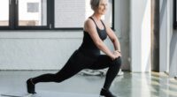 full length of happy senior woman in sportswear doing lunges on fitness mat near dumbbells in gym