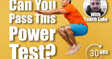 Full body side profile view young fitness trainer sporty man sportsman wear orange t-shirt jump high do squat spend time in home gym isolated on plain yellow background. Workout sport fit abs concept. Cover. Think You